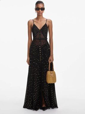 NWOT Self-Portrait Black and Gold Chiffon Maxi Dress Sz 6